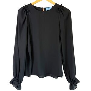 NEW CeCe Ruffle Shoulder Ruffle Cuff Black Blouse